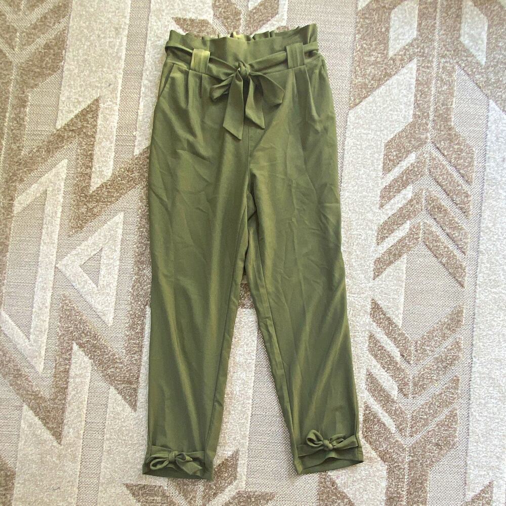 Grace Karin Women's Green Solid Paperbag Pants Bow Tie Elastic Waist S